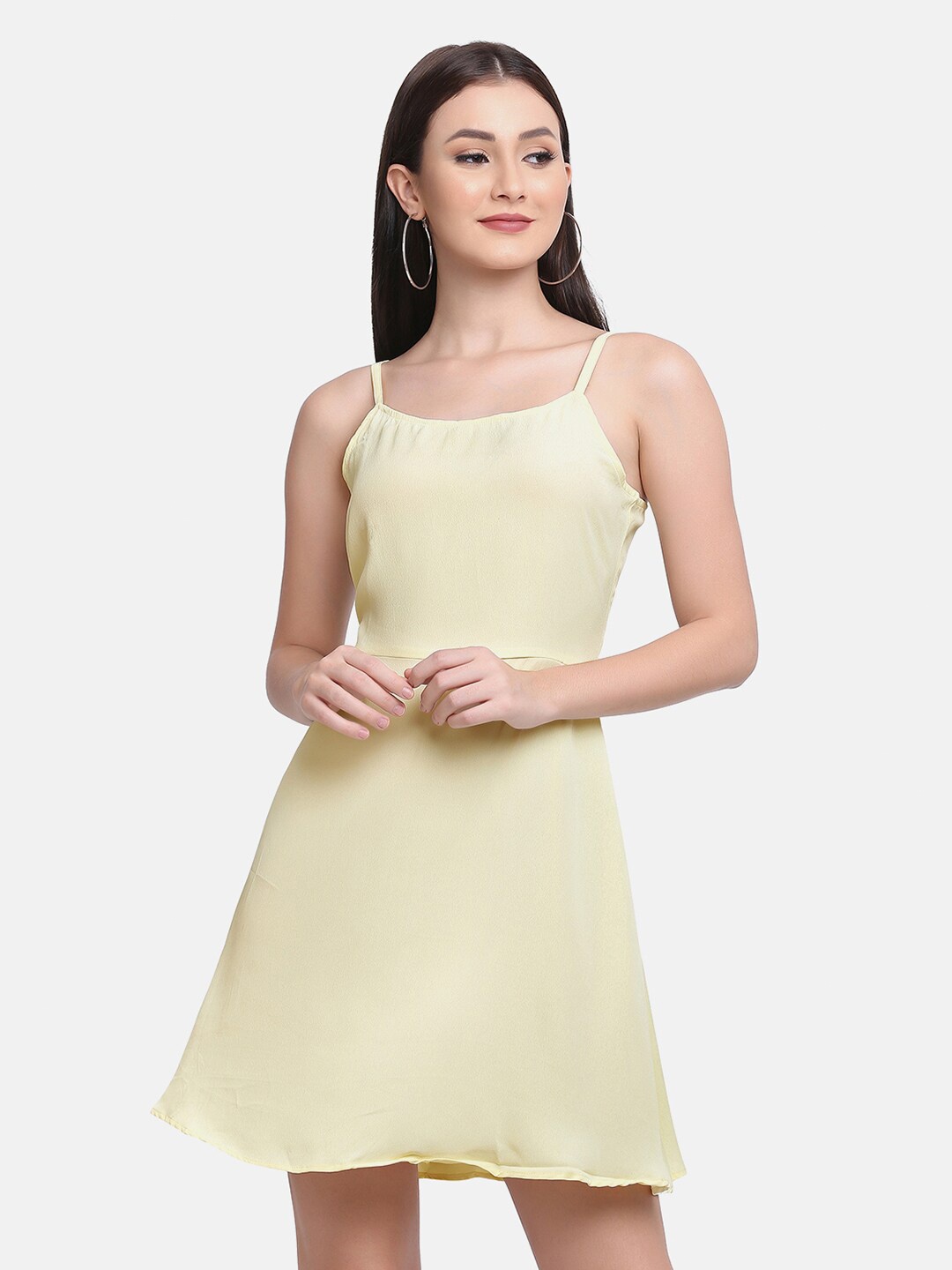 

SAKIA Yellow Solid Fit And Flare Crepe Mini Dress