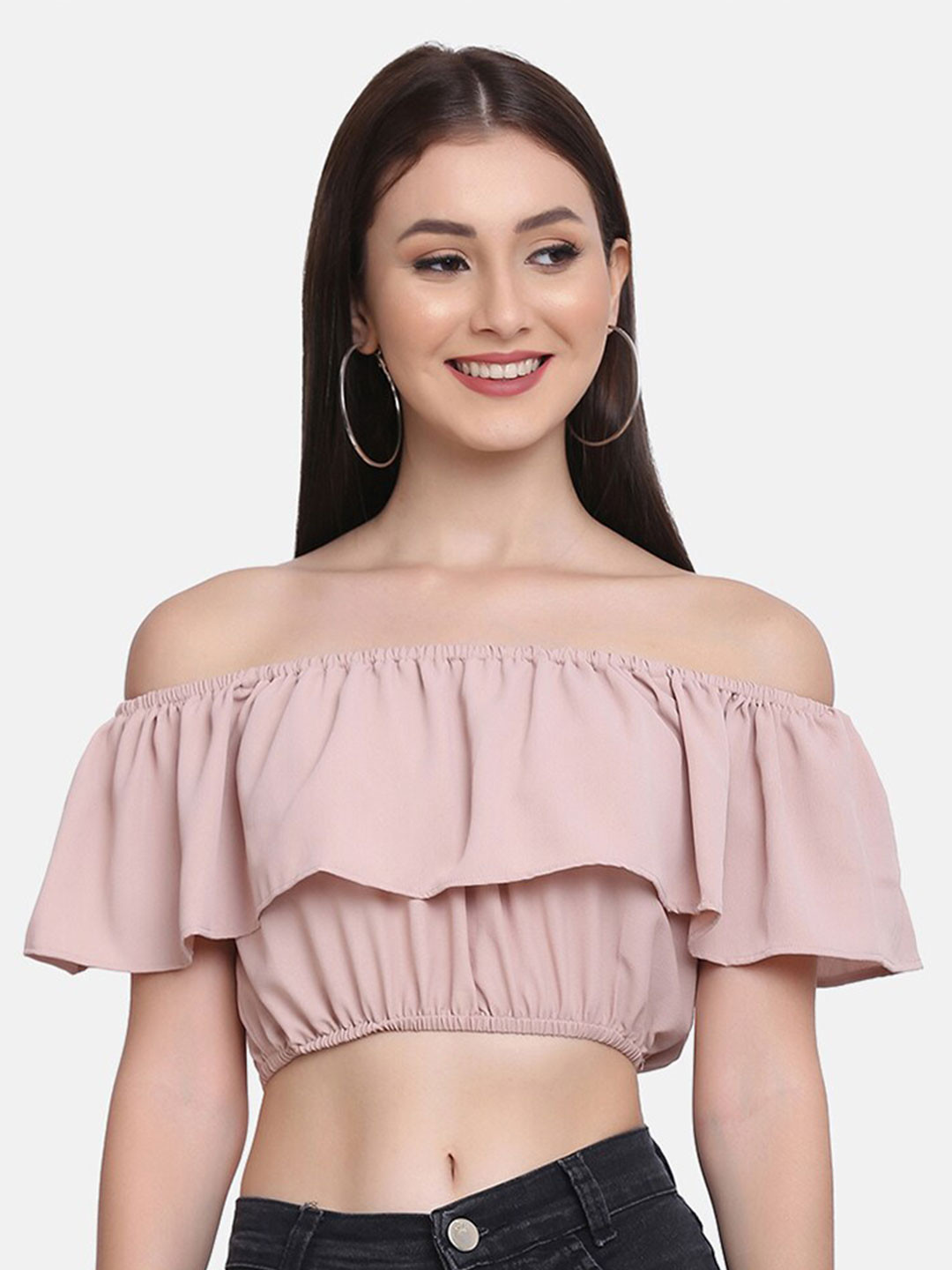 

SAKIA Nude-Coloured Off-Shoulder Ruffles Bardot Crop Top