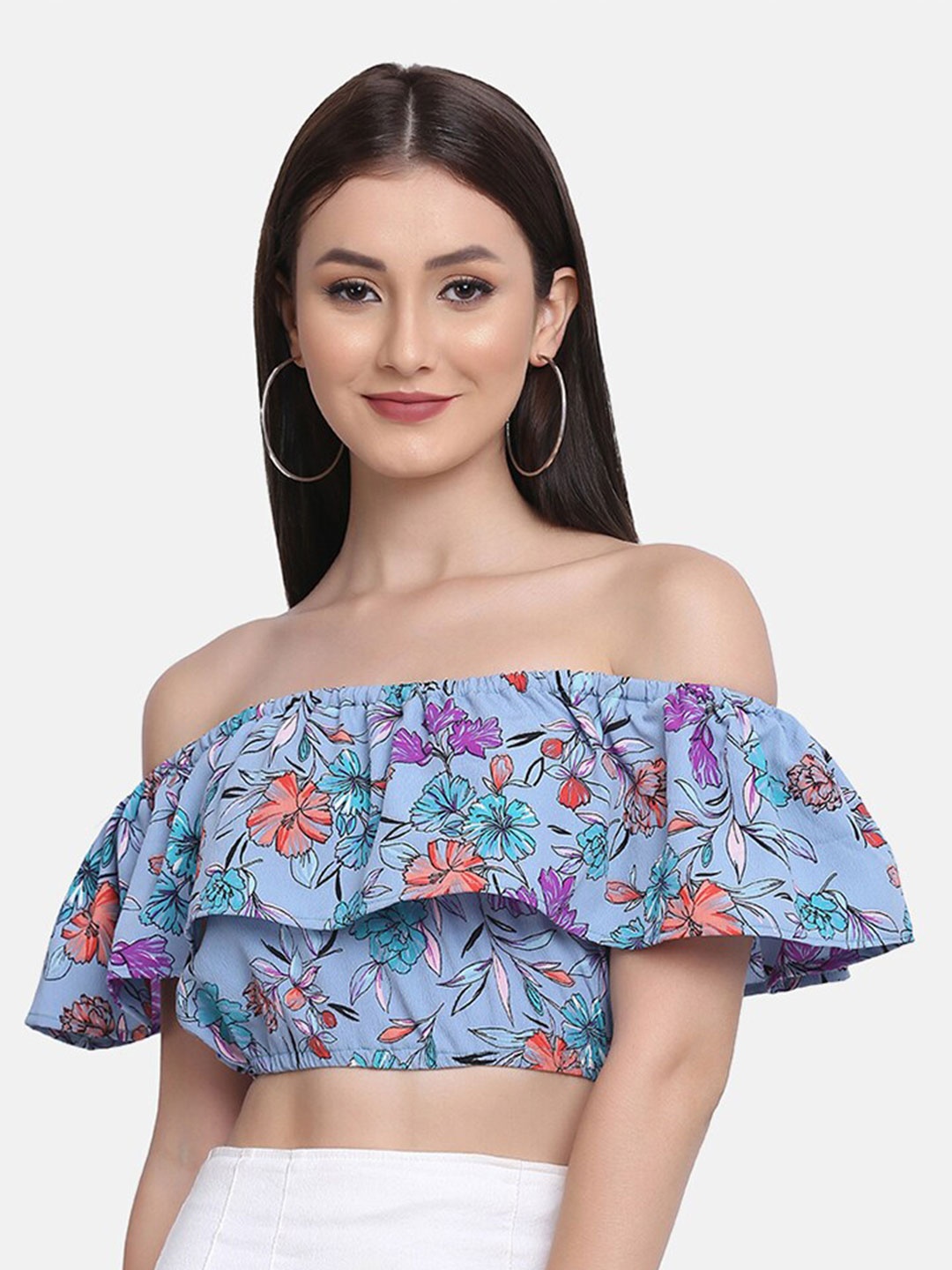 

SAKIA Blue Floral Print Off-Shoulder Bardot Crop Top
