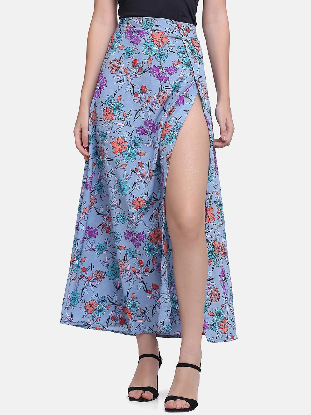 

SAKIA Women Blue Floral Printed High Slit Straight Maxi Skirt