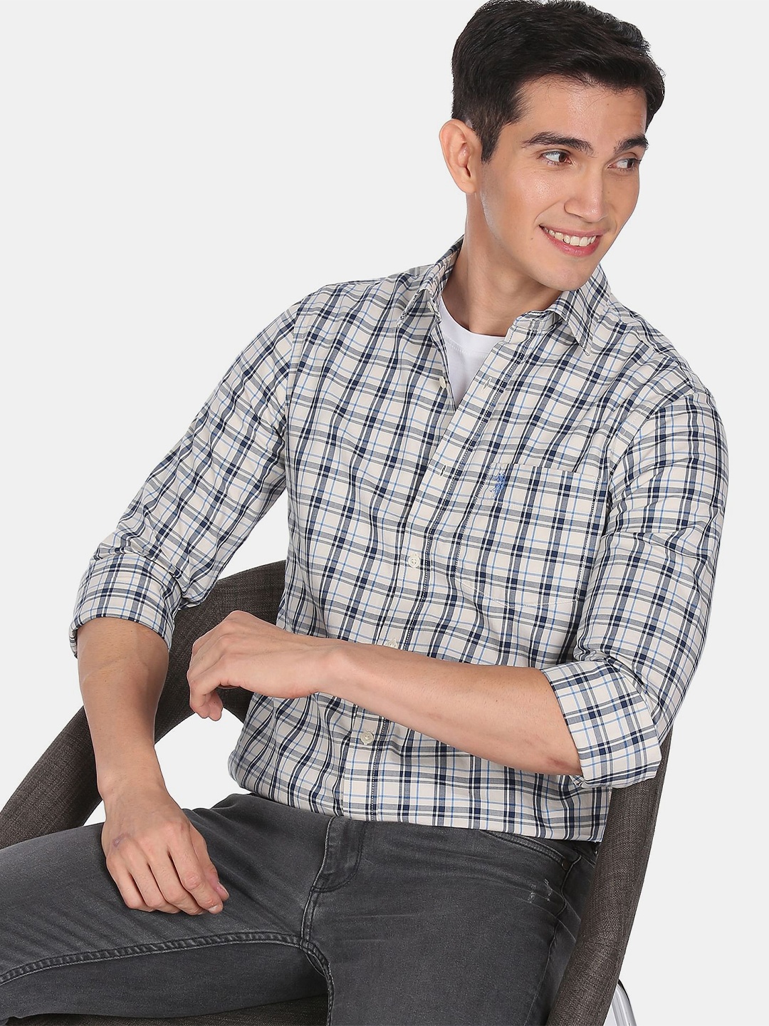 

U S Polo Assn Men Off White Tartan Checks Pure Cotton Casual Shirt