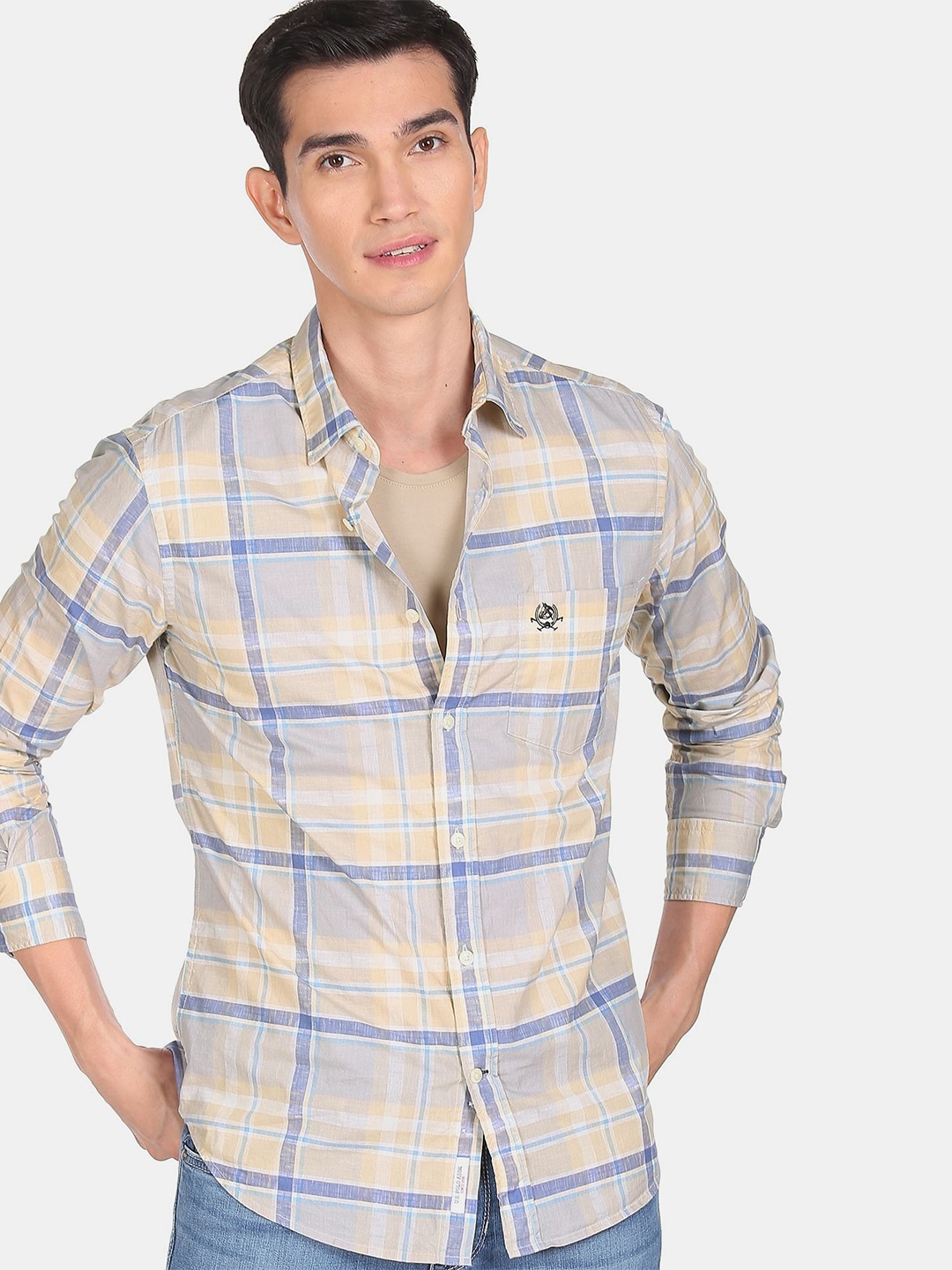 

U S Polo Assn Men Beige Tartan Checks Checked Casual Shirt