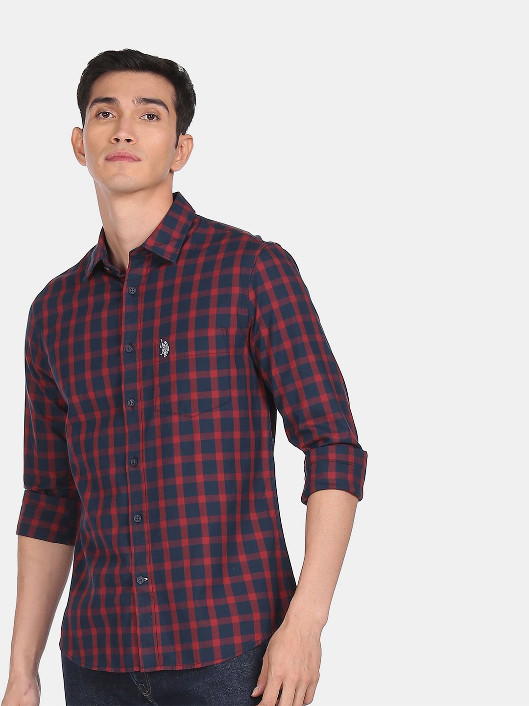 

U S Polo Assn Men Navy Blue and Red Tartan Checks Checked Casual Shirt