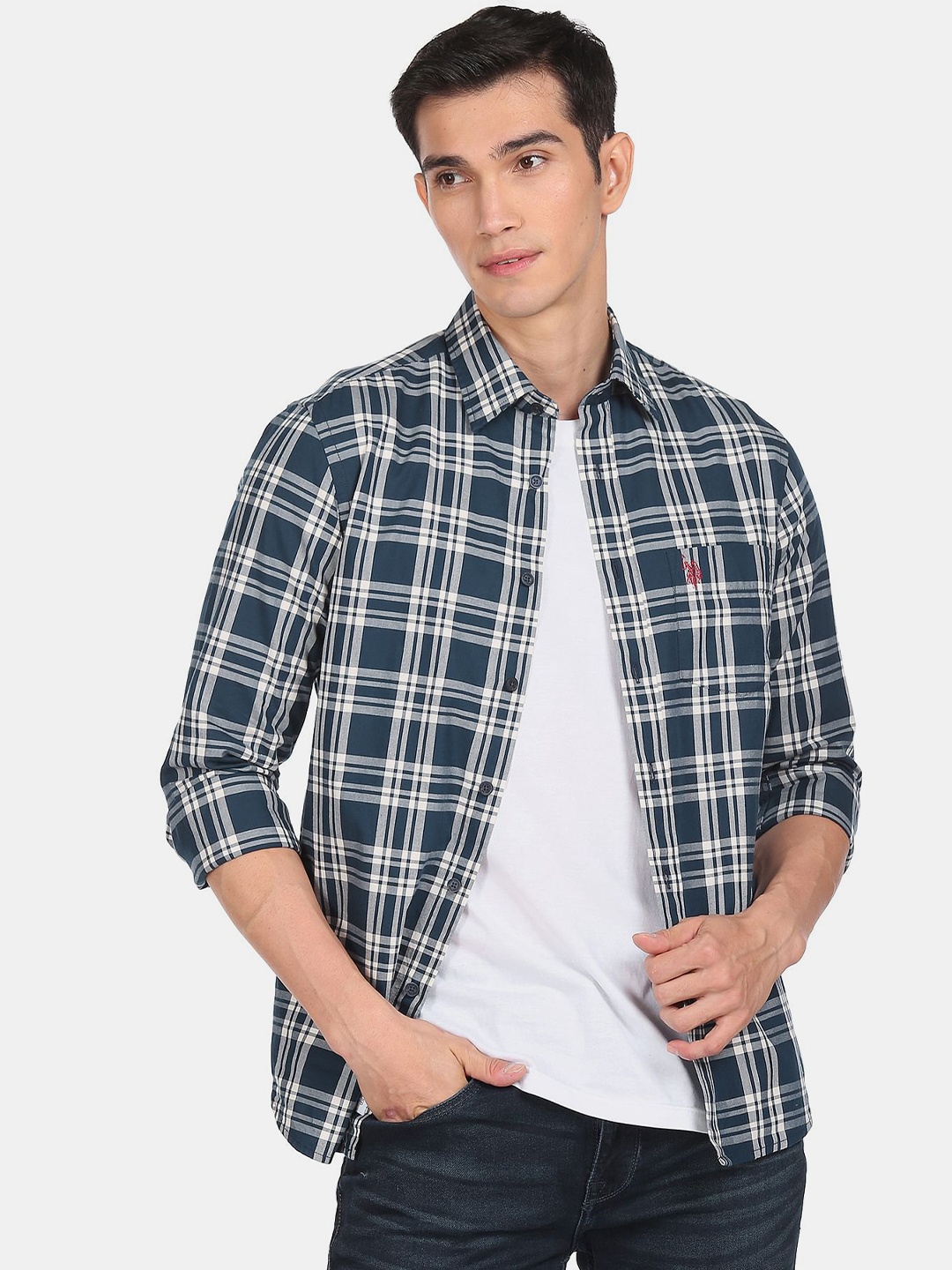 

U S Polo Assn Men Navy Blue Tailored Regular fit Tartan Checks Casual Shirt