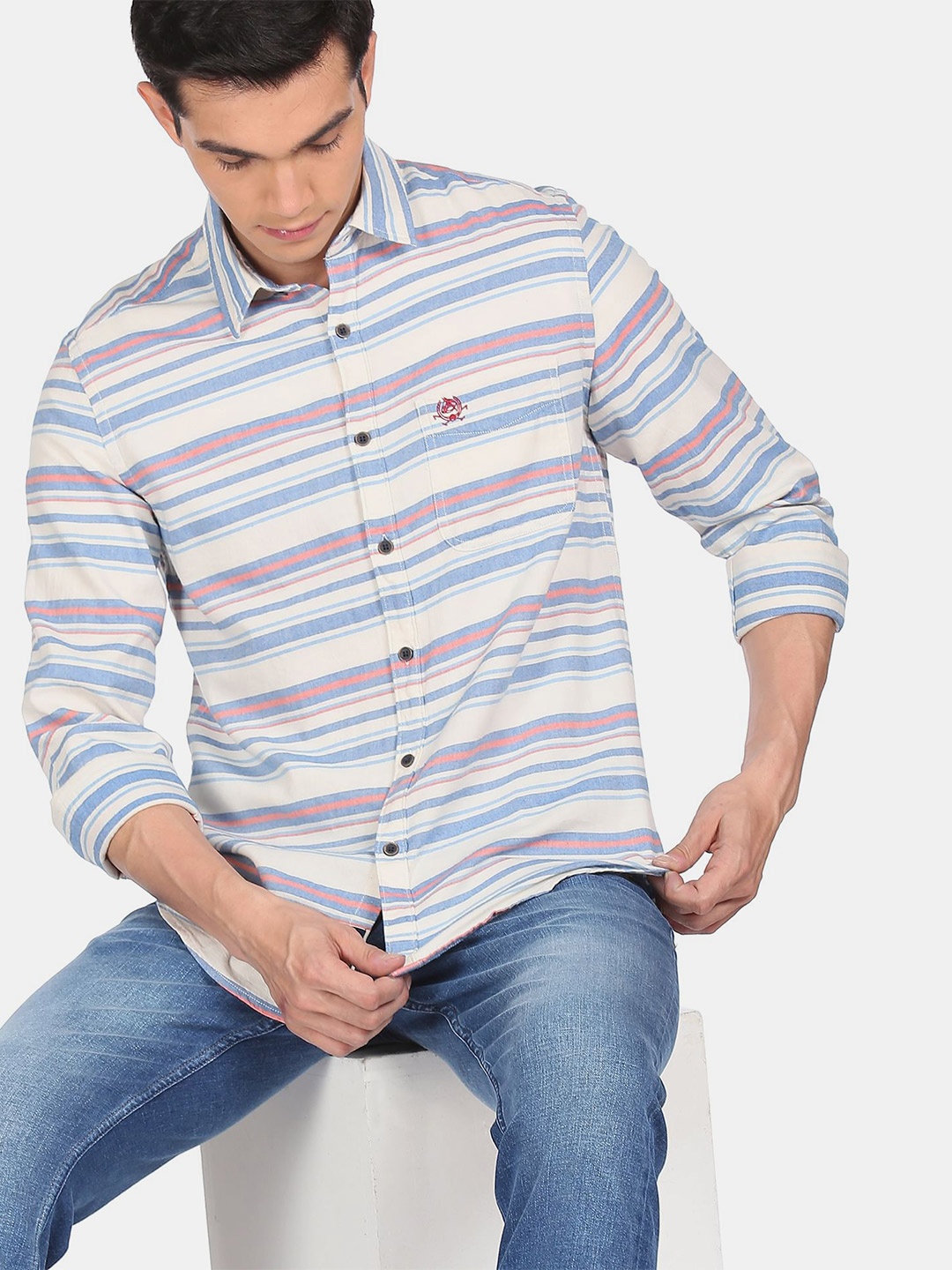 

U.S. Polo Assn. Denim Co.Men White Horizontal Stripes Striped Casual Shirt