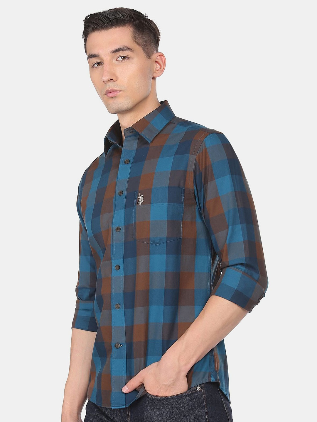 

U S Polo Assn Men Blue Buffalo Checks Pure Cotton Casual Shirt