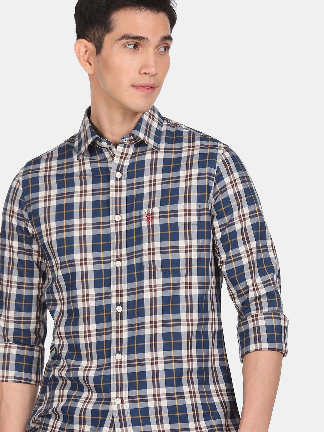 

U S Polo Assn Men Blue Tartan Checked Regular Fit Pure Cotton Casual Shirt