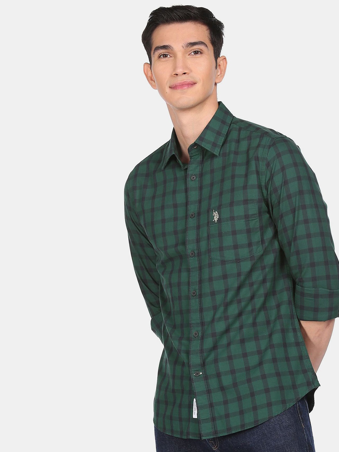 

U S Polo Assn Men Green Checked Casual Shirt