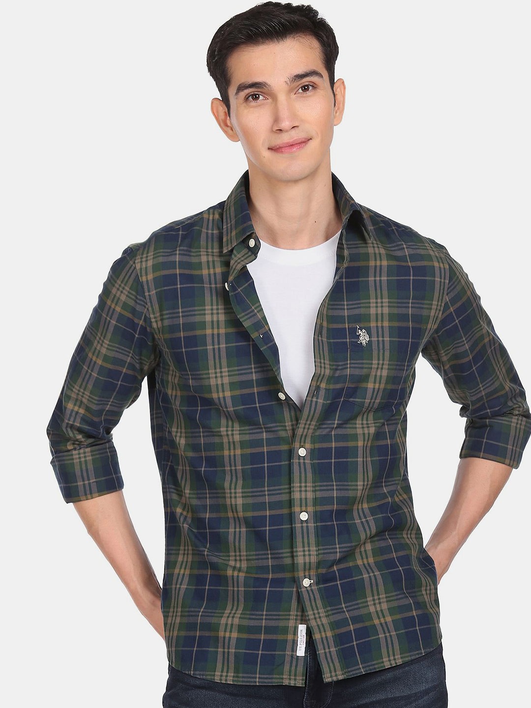

U S Polo Assn Men Green Tartan Checks Checked Casual Shirt