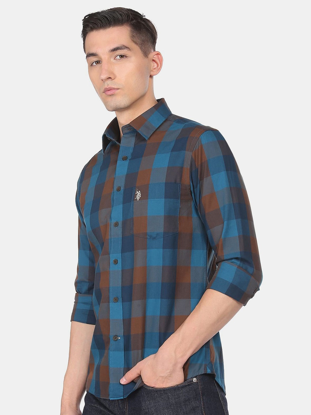 

U S Polo Assn Men Blue Buffalo Checks Checked Casual Shirt