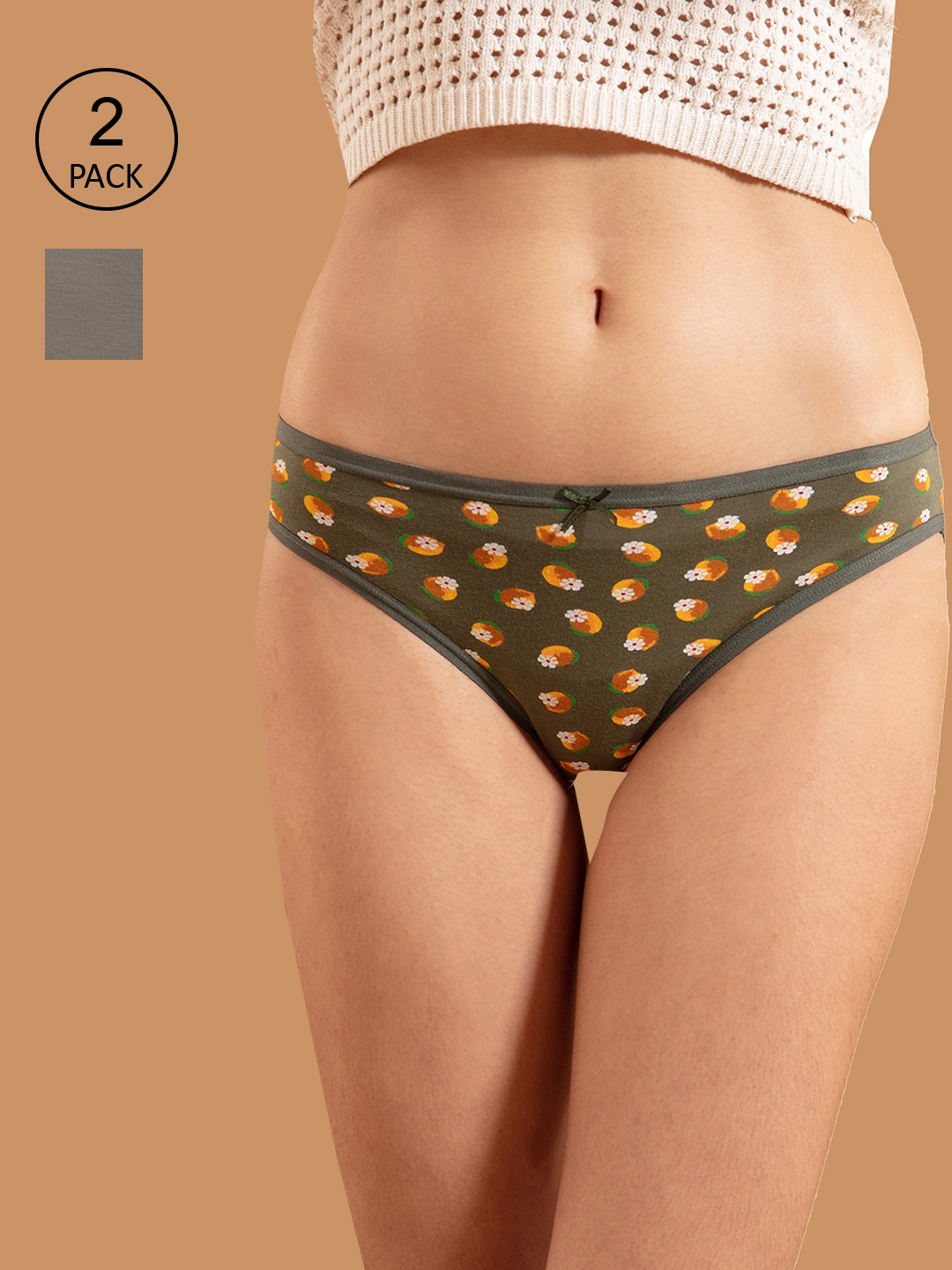 

Nykd Women Pack Of 2 Green & Grey Cotton Low Rise Anti Odour Bikini Briefs