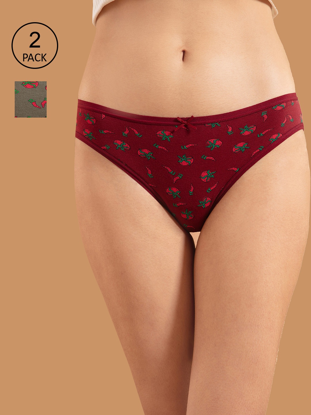 

Nykd Women Pack Of 2 Green, Red chilli Printed Cotton Bikini Briefs
