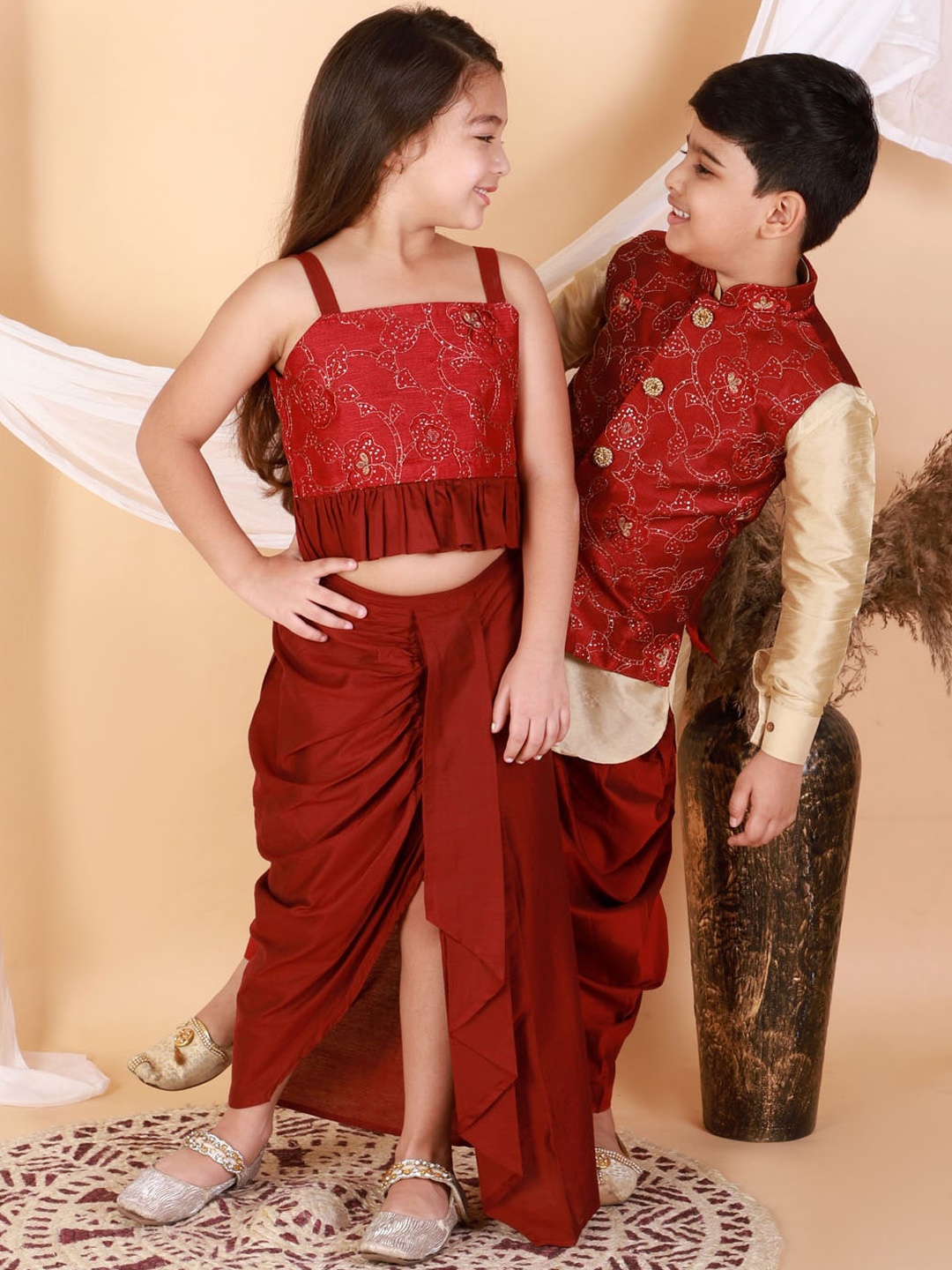 

VASTRAMAY Boys Gold-Toned Embroidered Kurta With Dhoti Pants & Nehru Jacket