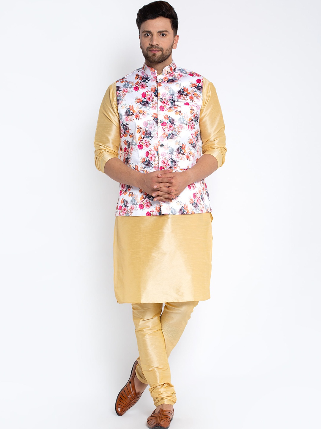

Benstoke Men Gold-Toned Dupion Silk Kurta with Churidar and Printed Nehru Jacket