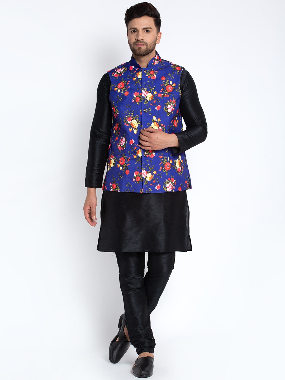 

Benstoke Men Black Dupion Silk Kurta with Churidar and Printed Nehru Jacket