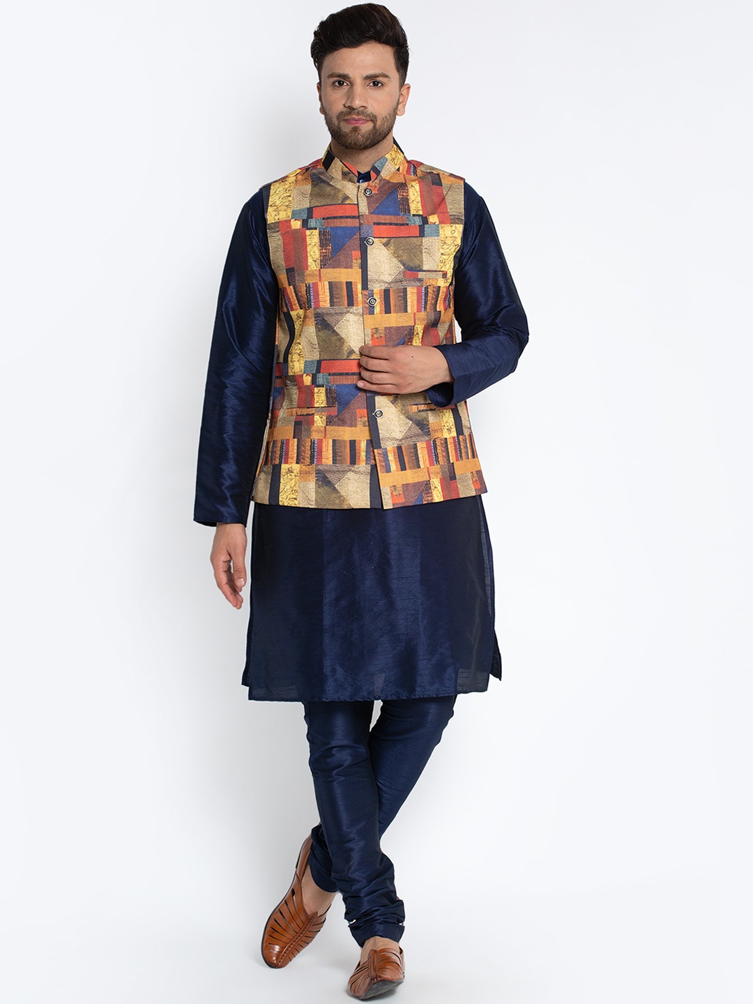 

Benstoke Men Navy Blue Dupion Silk Kurta with Churidar And Printed Nehru Jacket