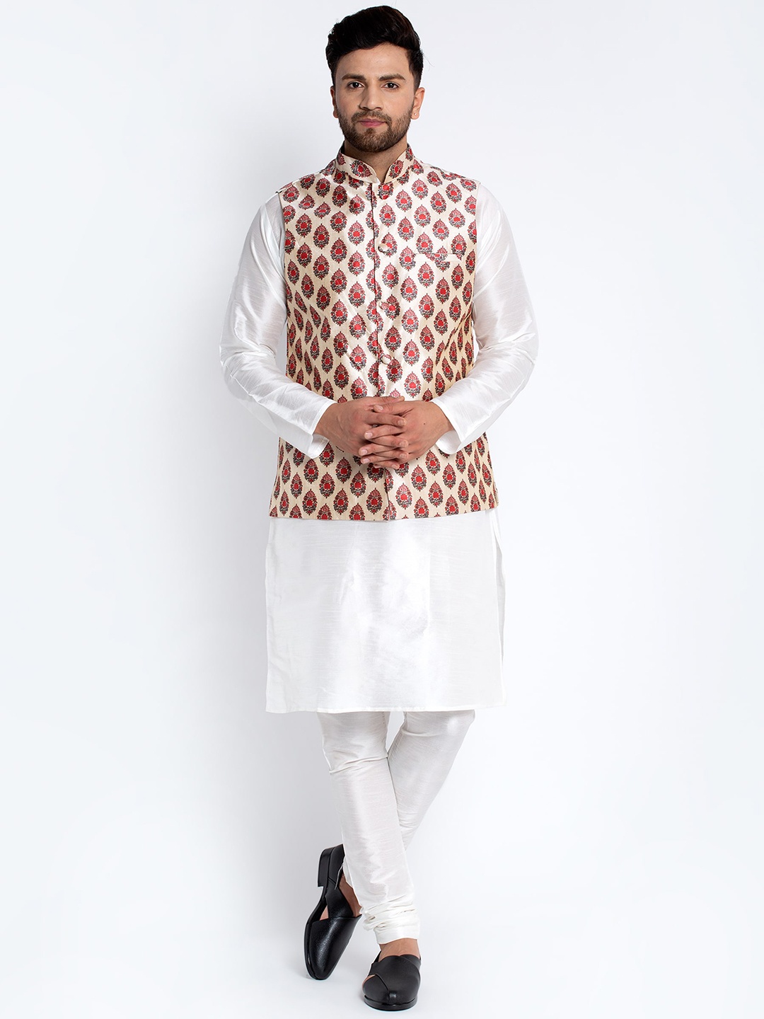 

Benstoke Men White Dupion Silk Kurta with Churidar and Nehru Jacket