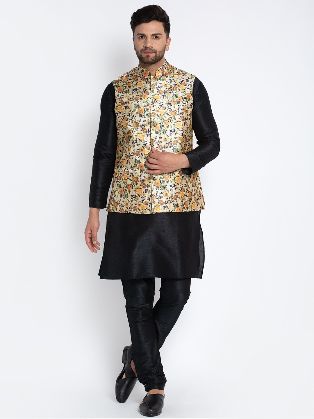 

Benstoke Men Black Dupion Silk Kurta with Churidar