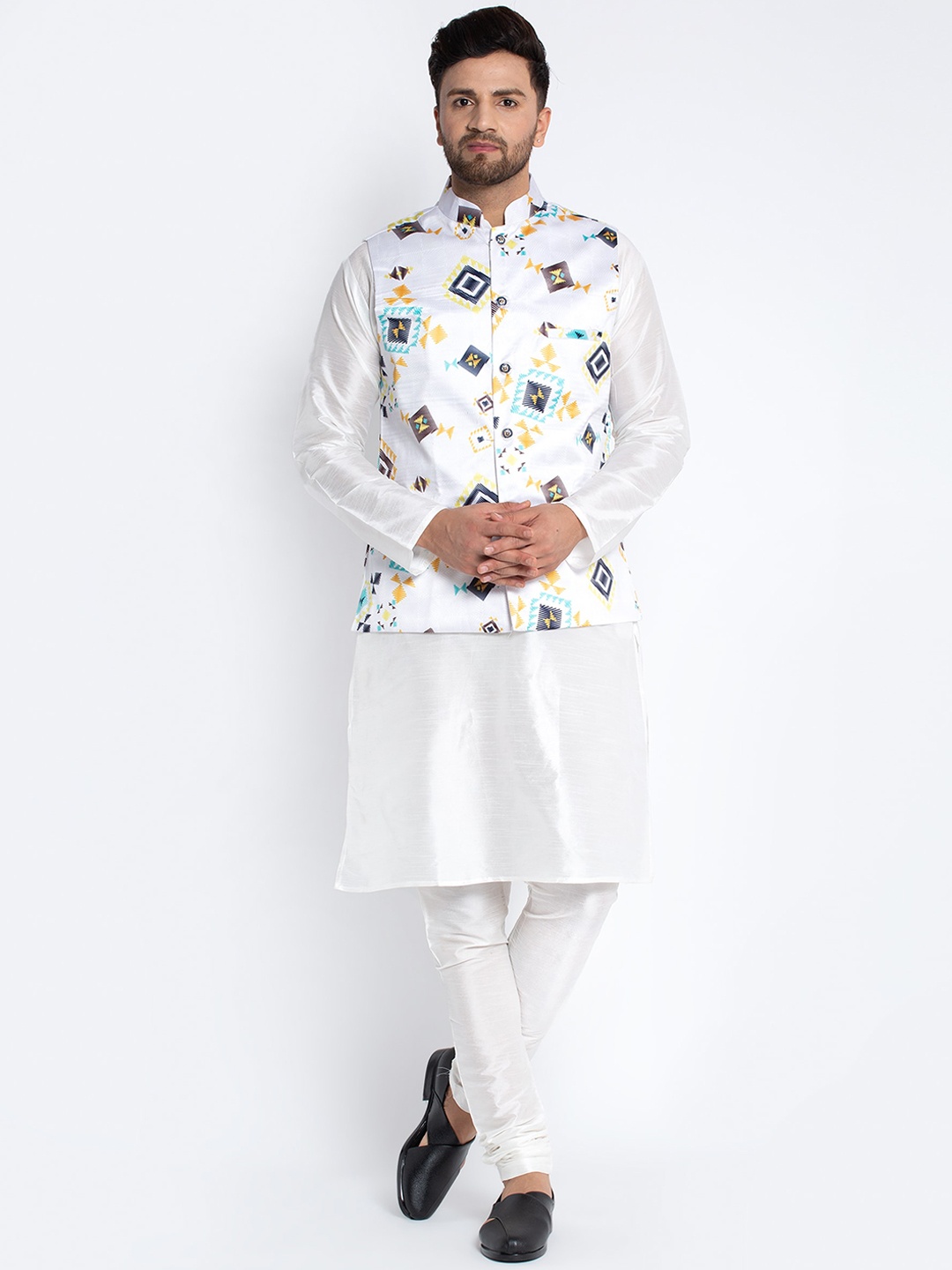 

Benstoke Men White Floral Dupion Silk Kurta with Churidar