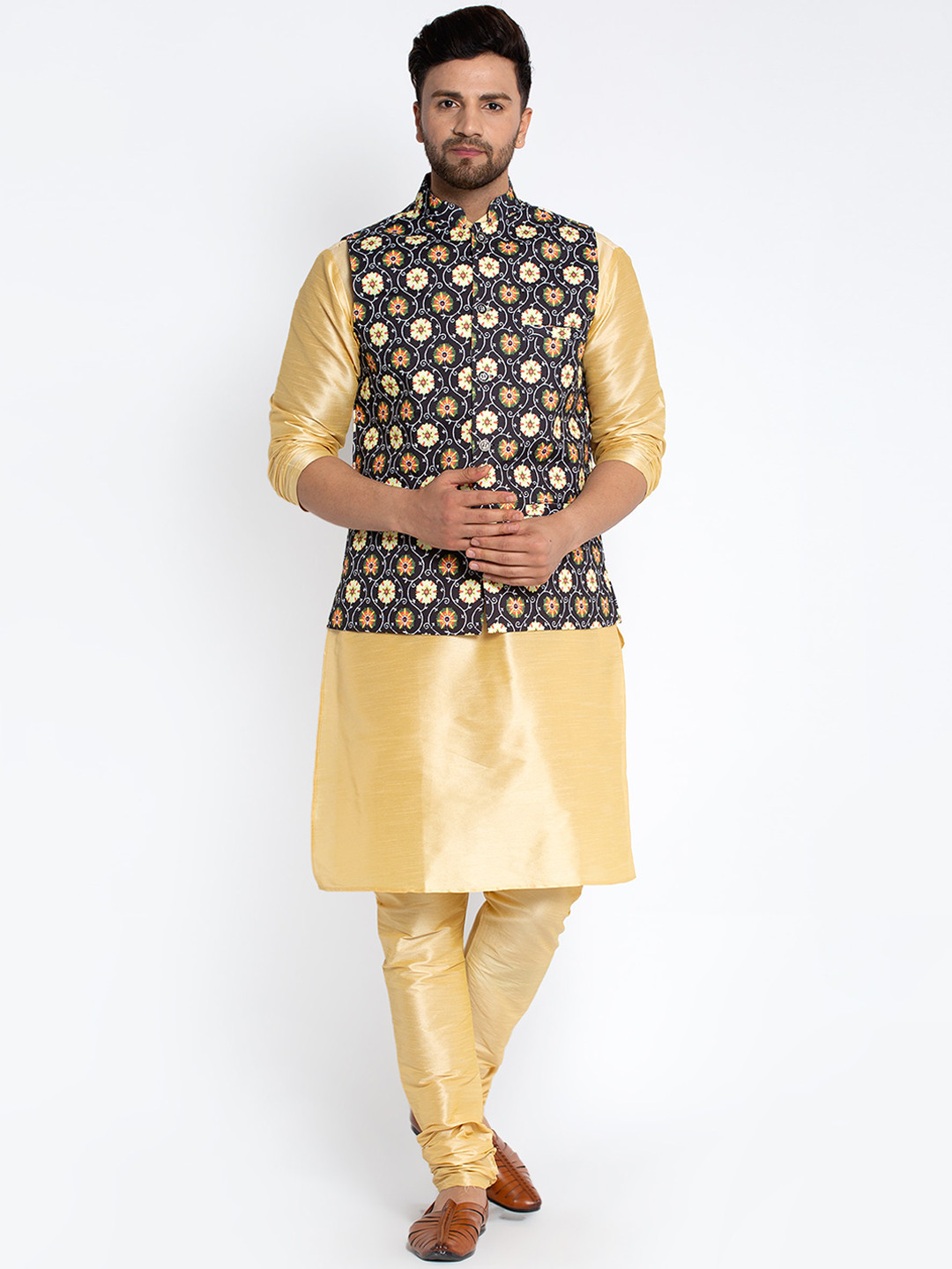 

Benstoke Men Gold-Toned Dupion Silk Kurta with Churidar