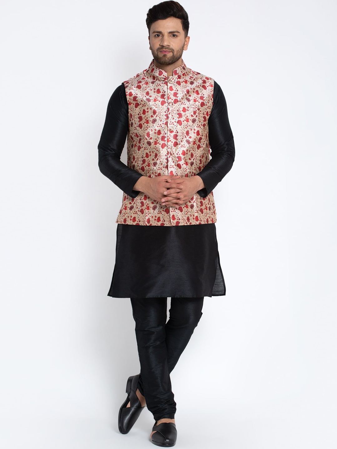 

Benstoke Men Black Dupion Silk Kurta with Pyjamas & Floral Nehru Jacket