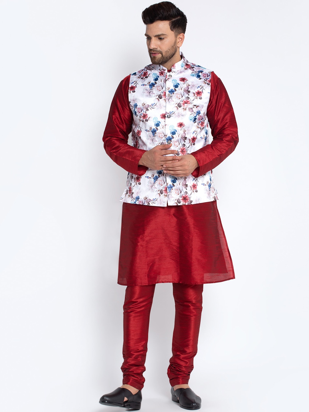 

Benstoke Men Maroon Dupion Silk Kurta with Churidar and Nehru Jacket