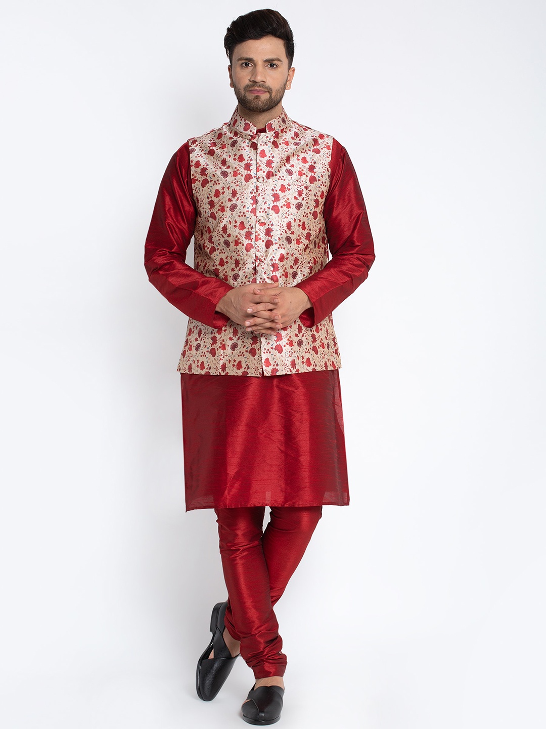 

Benstoke Men Maroon Printed Dupion Silk Kurta with Churidar