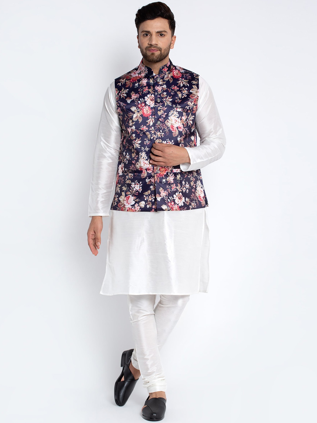 

Benstoke Men White Solid Dupion Silk Kurta with Churidar and Nehru Jacket