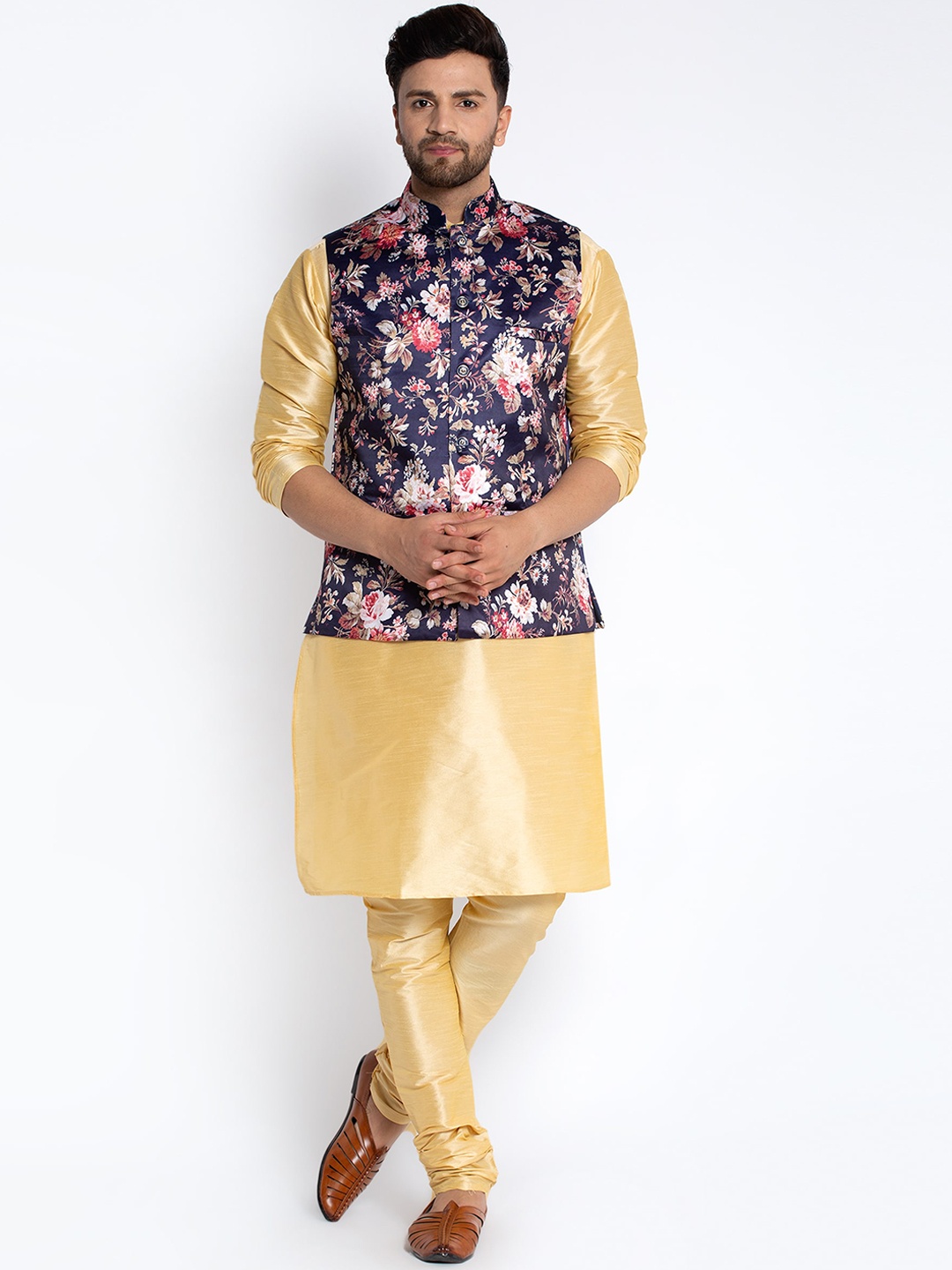 

Benstoke Men Gold-Toned Floral Dupion Silk blend kurta pajama and nehru jacket set
