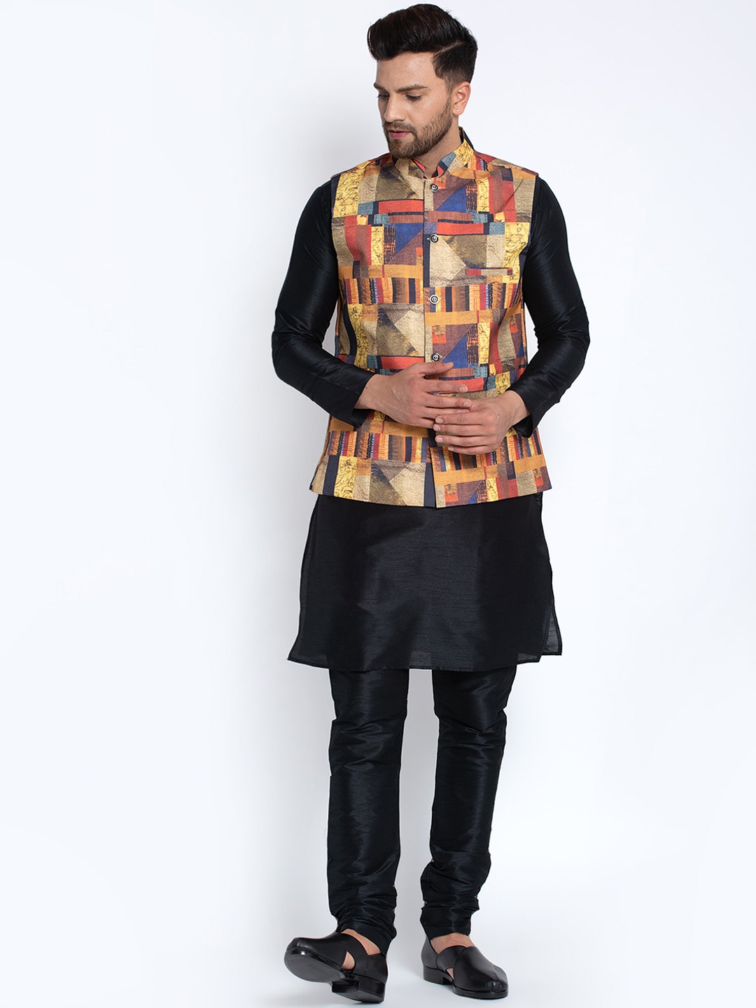 

Benstoke Men Black Dupion Silk Kurta with Churidar