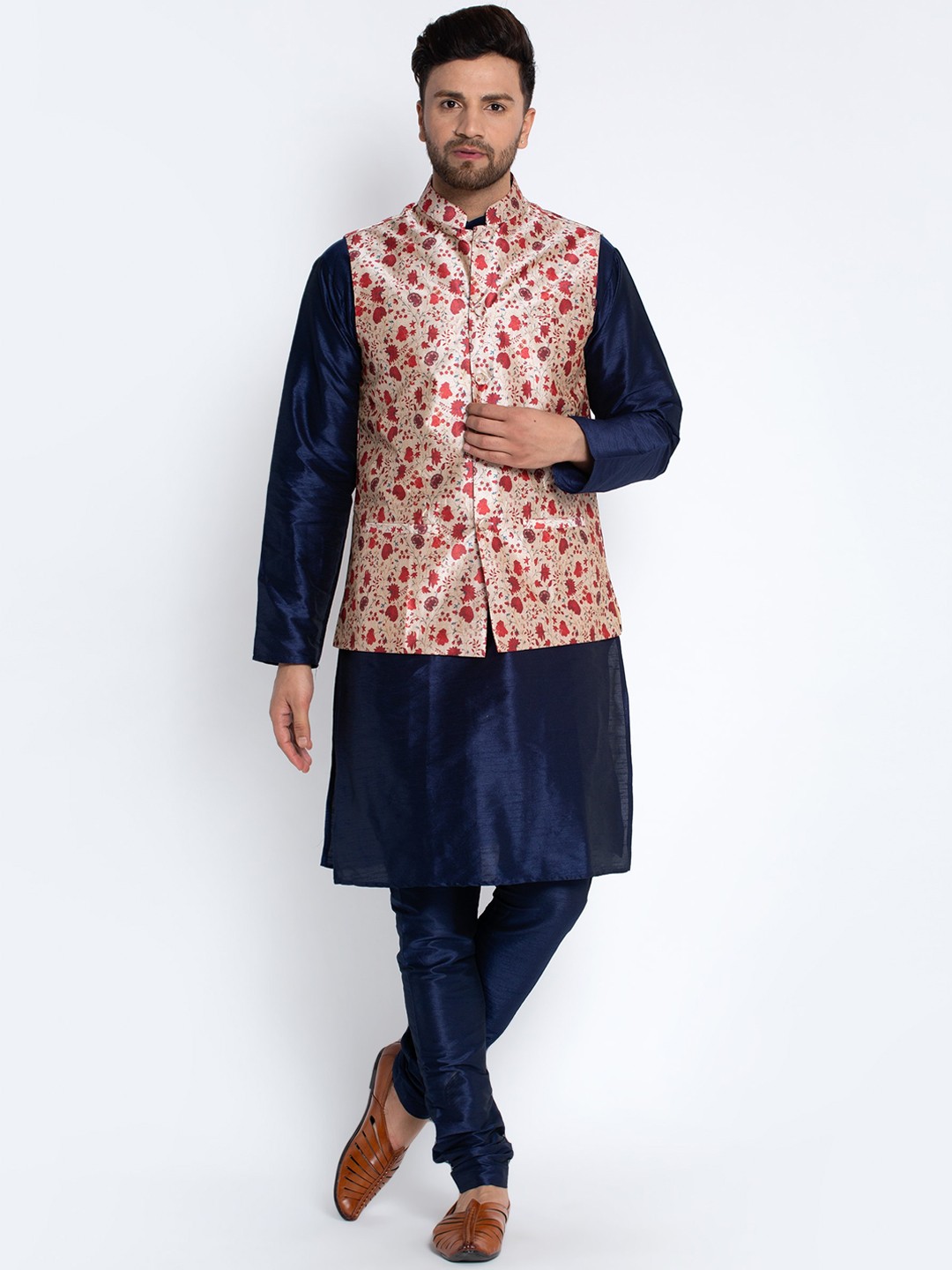 

Benstoke Men Navy Blue Floral Printed Dupion Silk Kurta with Churidar
