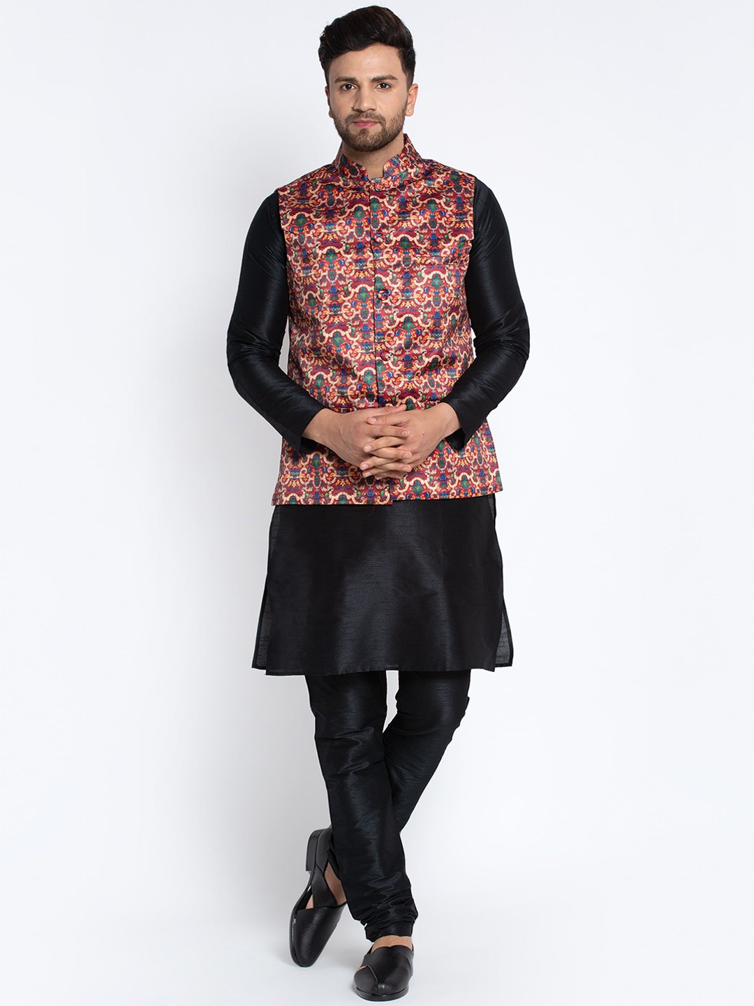 

Benstoke Men Black Dupion Silk Kurti with Churidar And Nehru Jacket