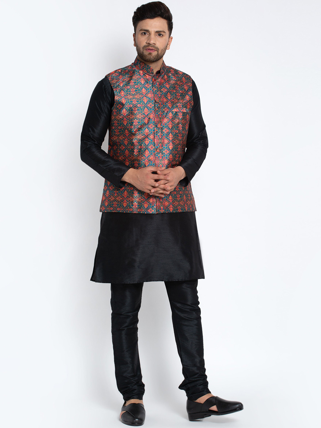 

Benstoke Men Black Ethnic Motifs silk Blend Kurta Pajama and Nehru Jacket Set