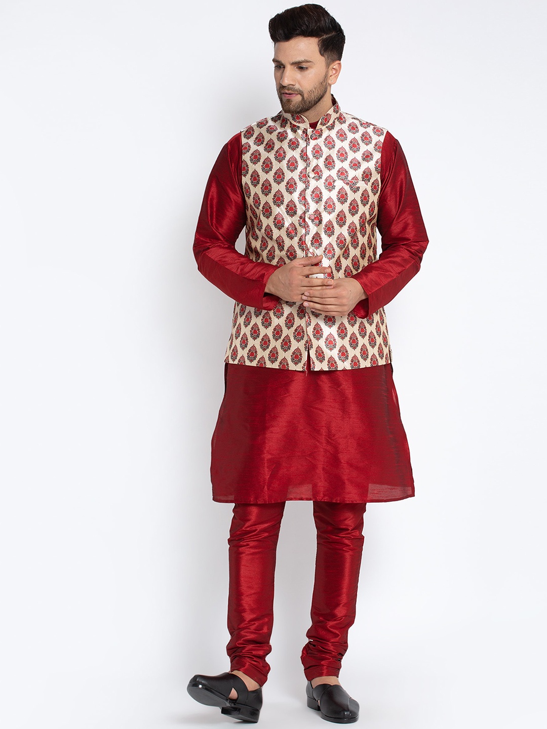 

Benstoke Men Maroon Silk Blend Kurta with Churidar and Printed Nehru jacket