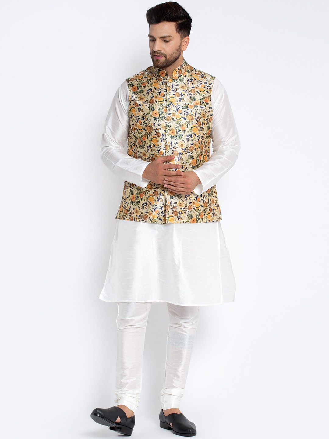 

Benstoke Men White Dupion Silk Kurta with Churidar