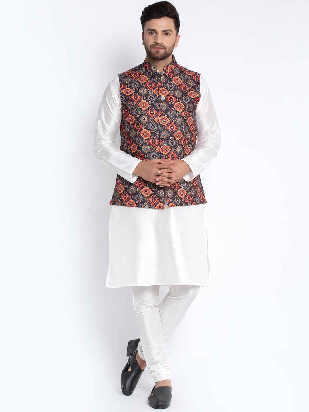 

Benstoke Men White Ethnic Motifs Printed Layered Dupion Silk Kurta with Churidar
