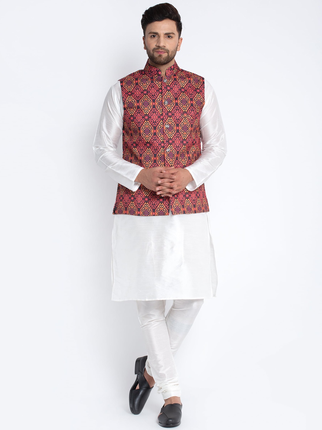 

Benstoke Men White Dupion Silk Kurta with Churidar and Nehru Jacket