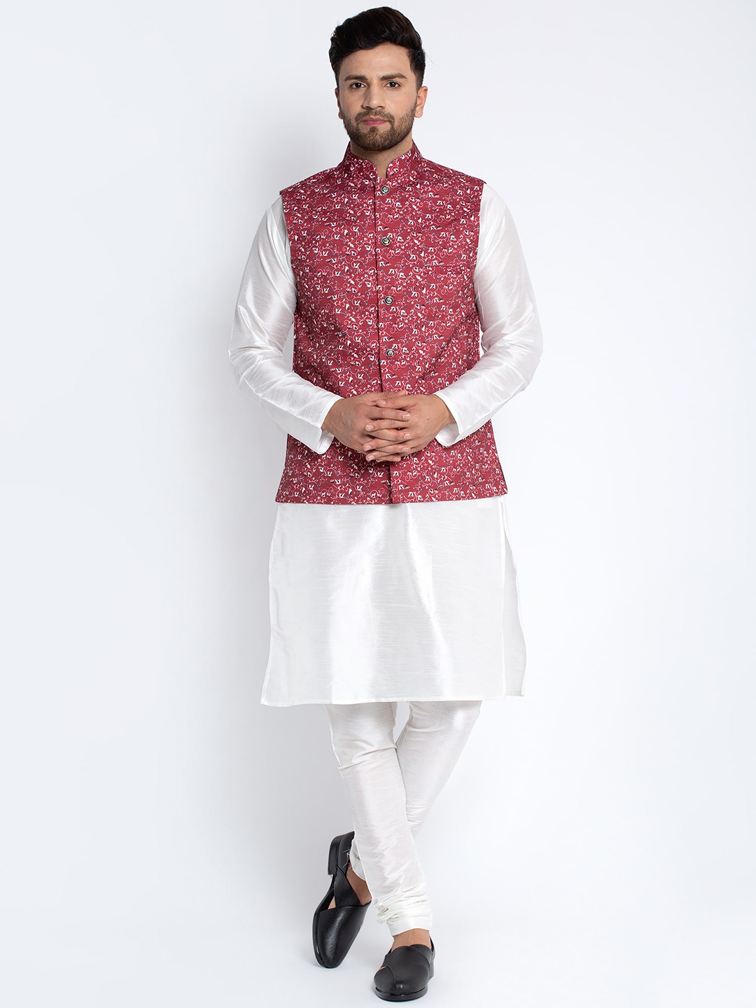 

Benstoke Men White Floral Printed Dupion Silk Kurta with Churidar