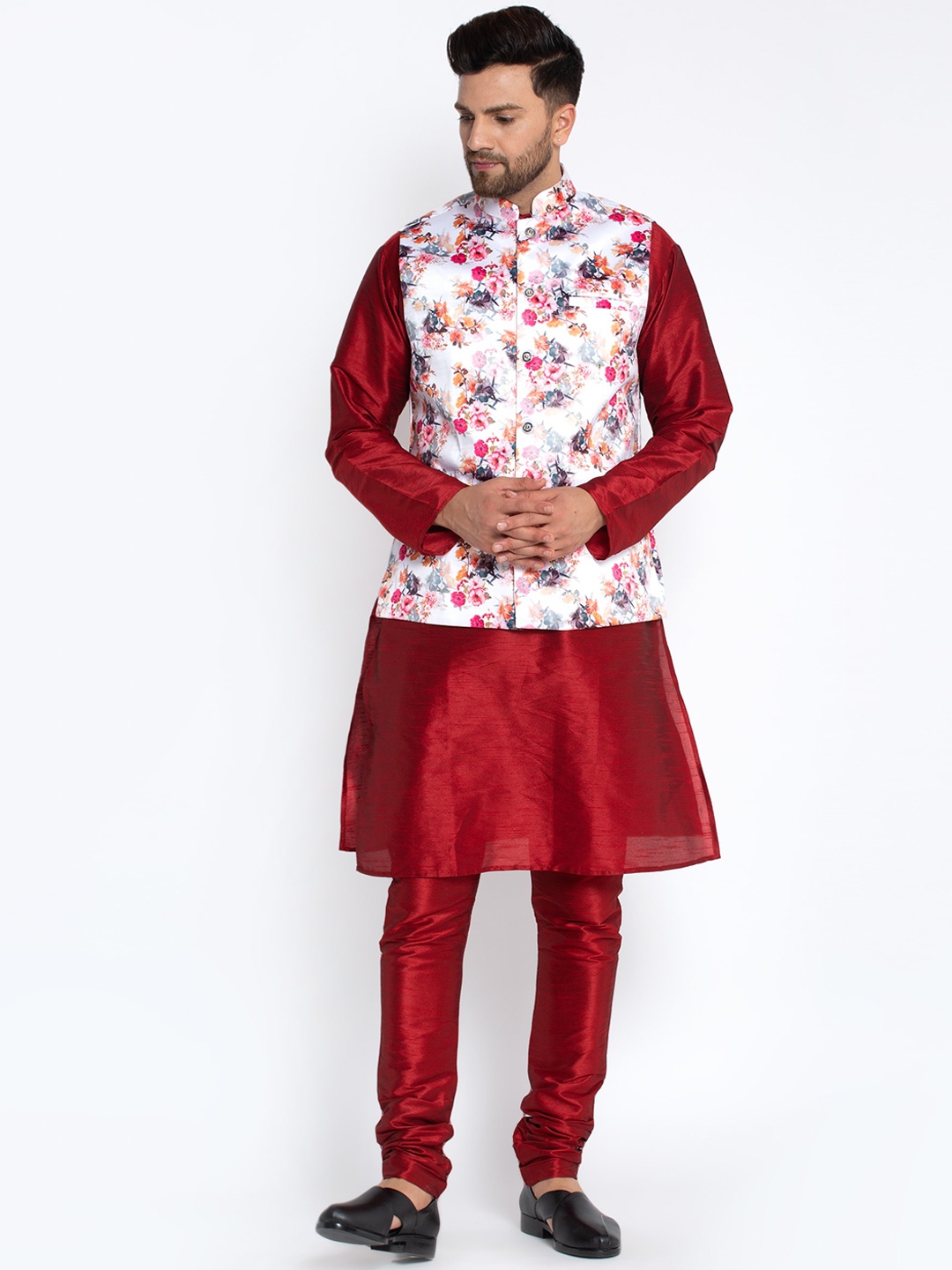 

Benstoke Men Red Dupion Silk Kurta with Churidar & Nehru Jacket