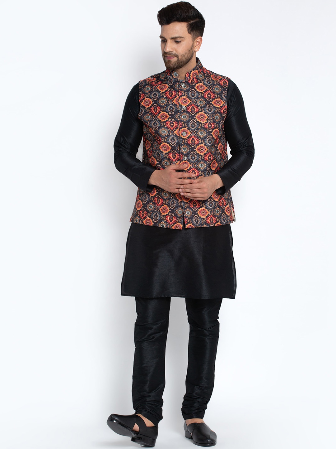 

Benstoke Men Black Layered Dupion Silk Kurta with Churidar