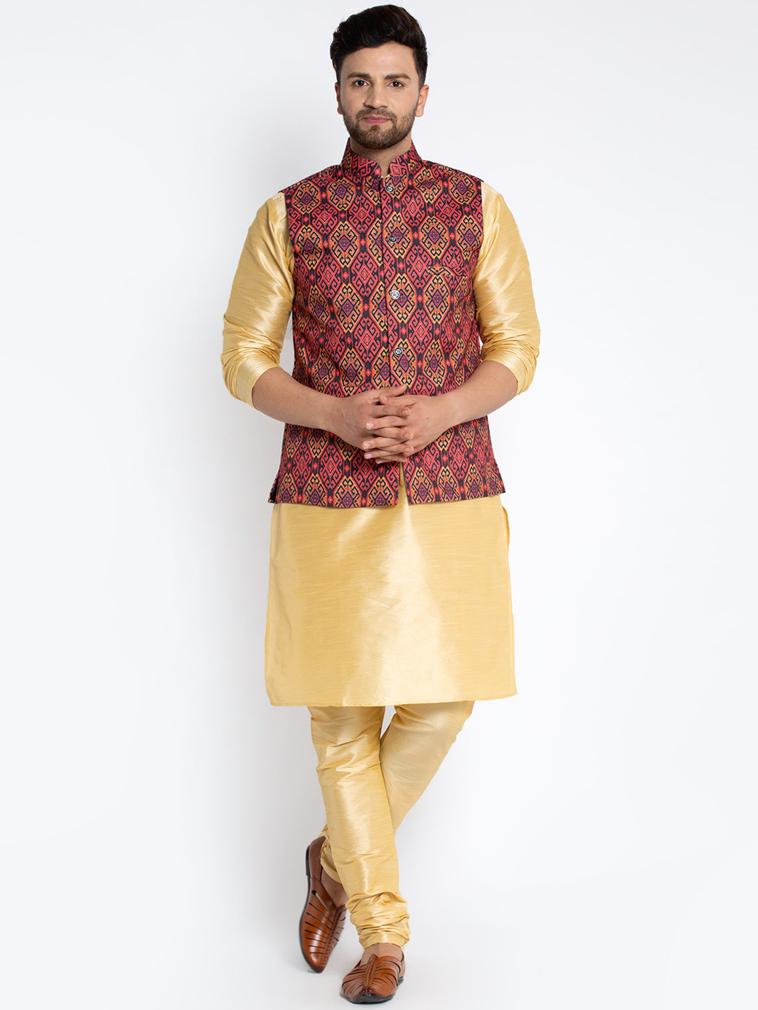 

Benstoke Men Gold-Toned Dupion Silk Kurta With Churidar