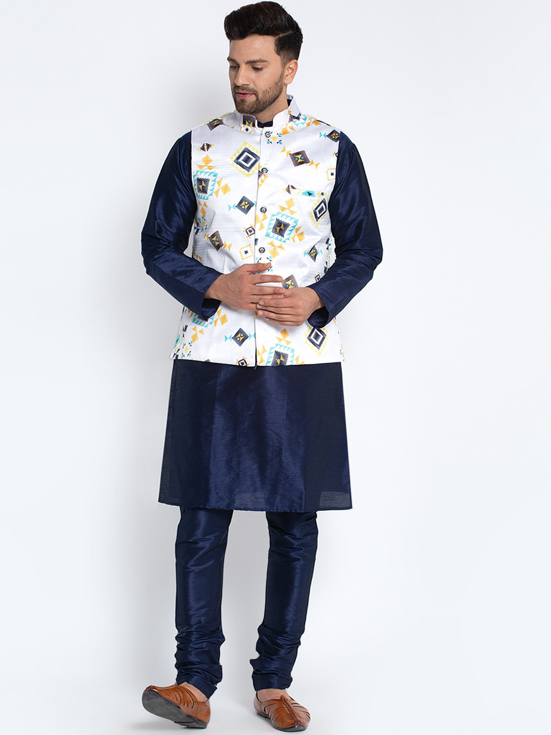 

Benstoke Men Navy Blue Floral Dupion Silk Kurta with Churidar and Nehru Jacket