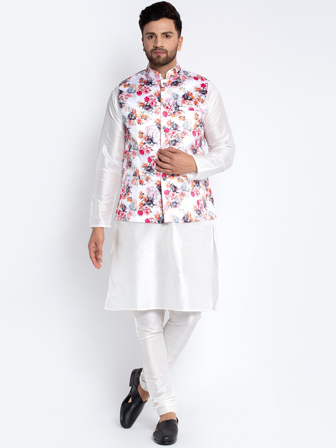 

Benstoke Men White Dupion Silk Kurta with Churidar
