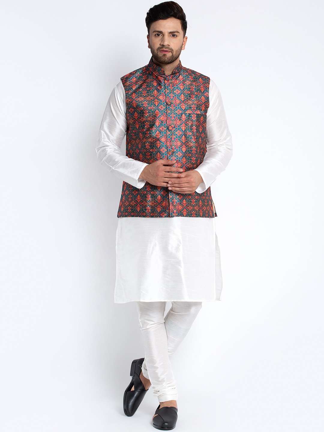

Benstoke Men White Dupion Silk Kurta with Churidar & Nehru Jacket