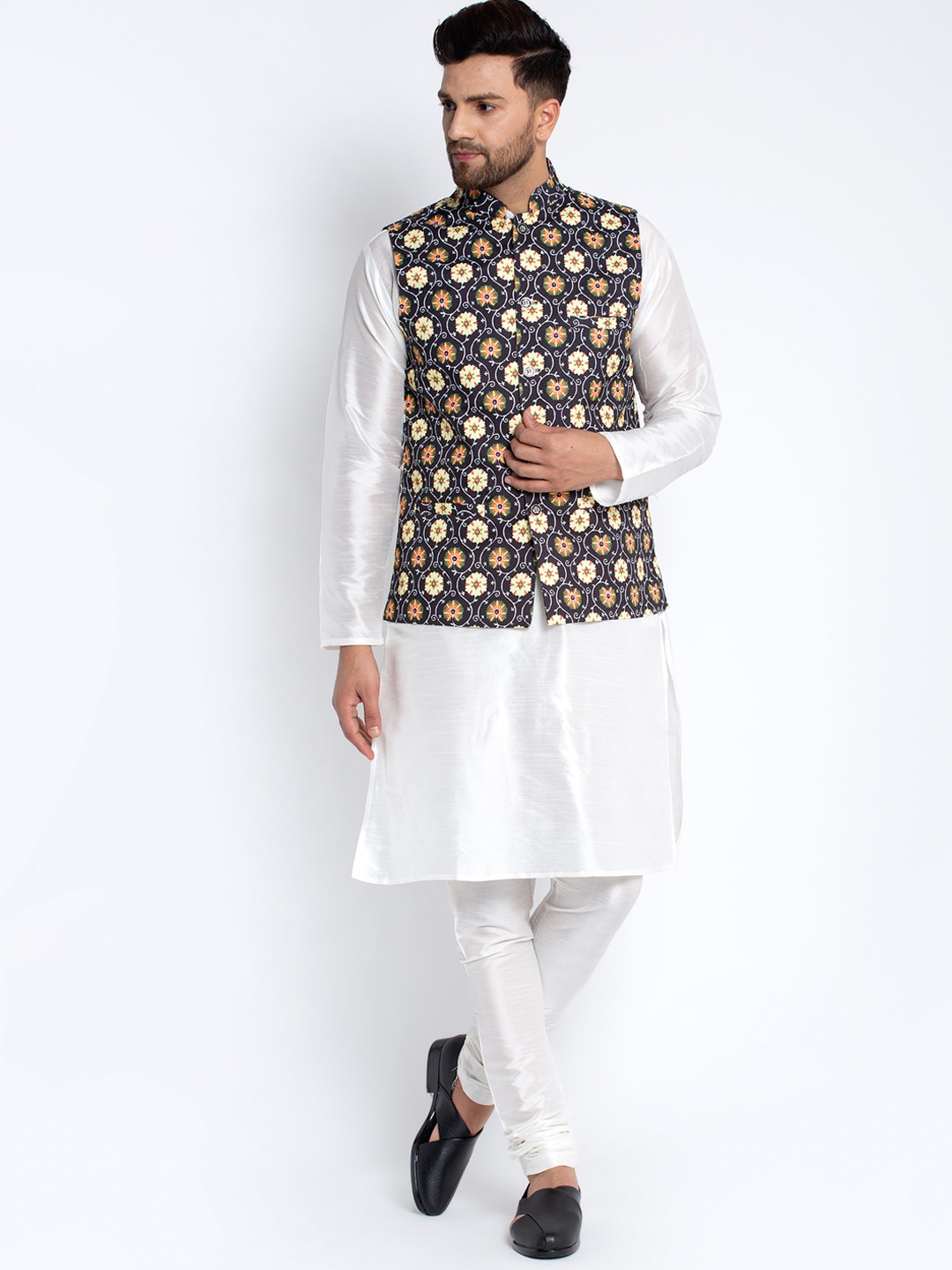 

Benstoke Men White Dupion Silk Kurta with Churidar