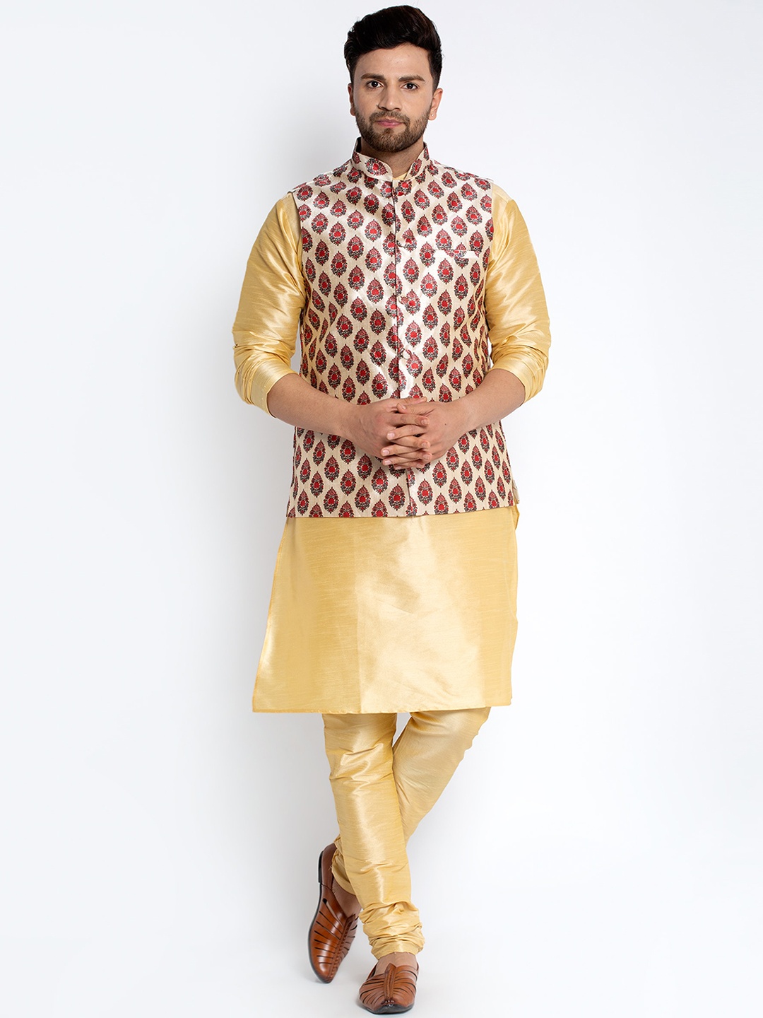 

Benstoke Men Gold-Toned Ethnic Motifs Printed Kurta with Churidar