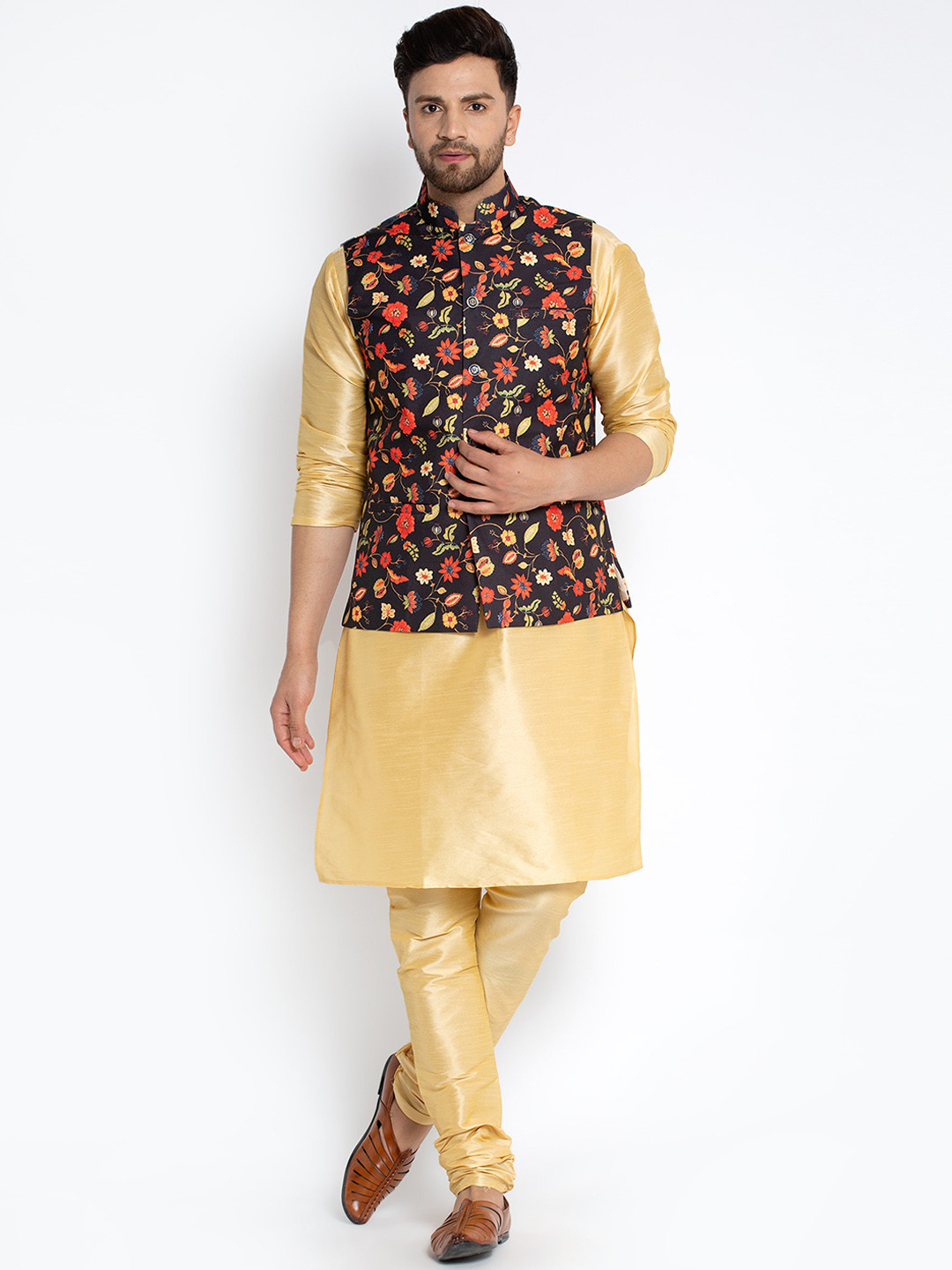 

Benstoke Men Gold-Toned Dupion Silk Kurta with Churidar & Nehru Jacket