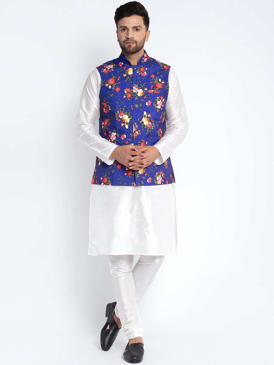 

Benstoke Men White Dupion Silk Kurta with Pyjamas & Floral Nehru Jacket