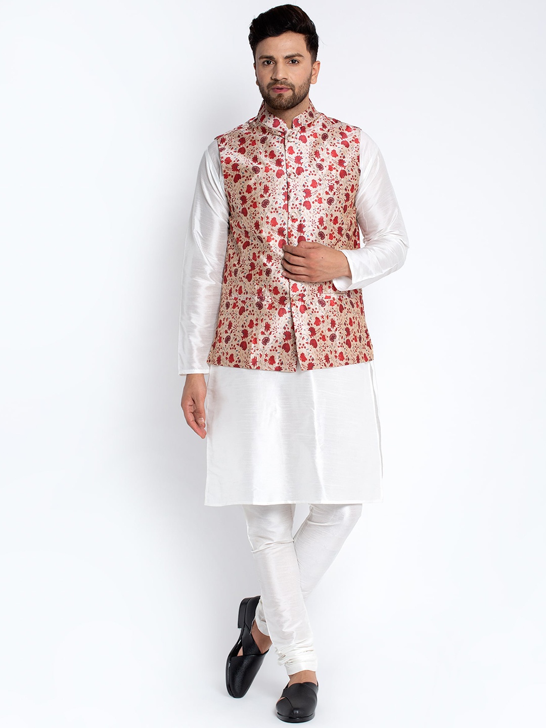 

Benstoke Men White Floral Printed Dupion Silk Kurta with Churidar and Nehru jacket