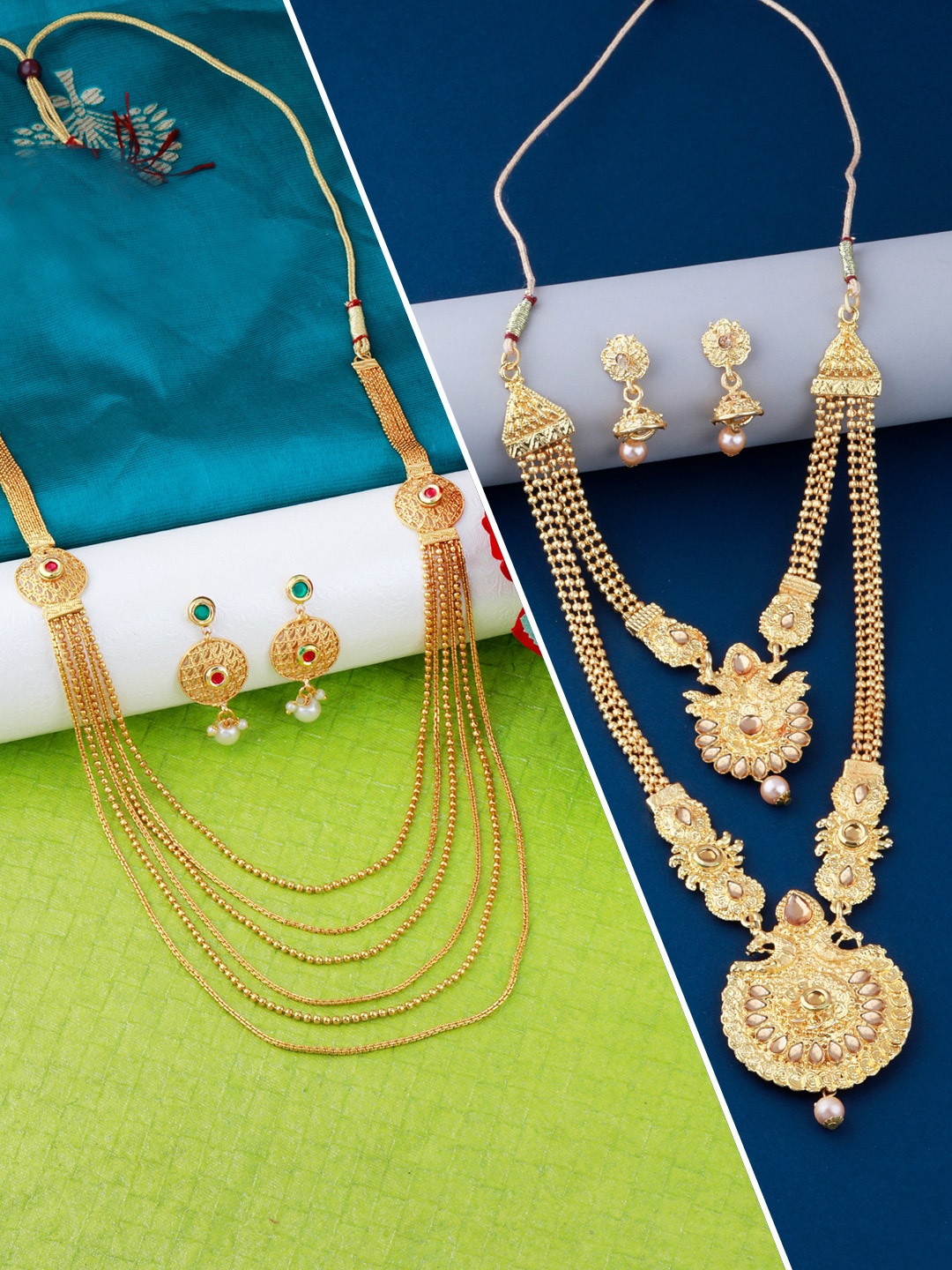 

Silver Shine Set of 2 Gold-Plated Stone Studded Layered Jewellery Set